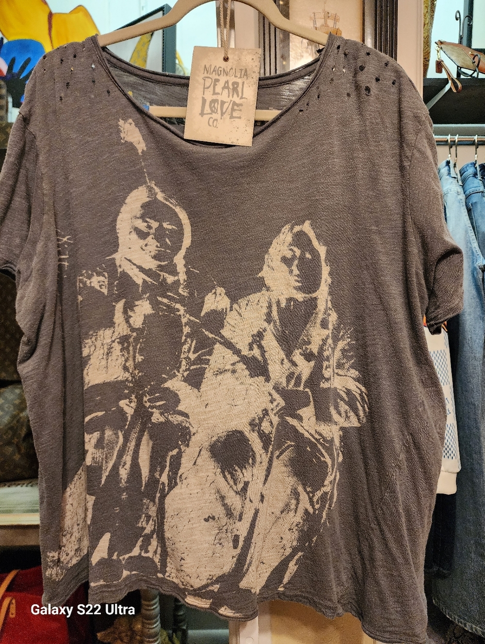 Magnolia Pearl Love Co. Vintage Graphic Tee Sitting Bull Print Charcoal & Cream